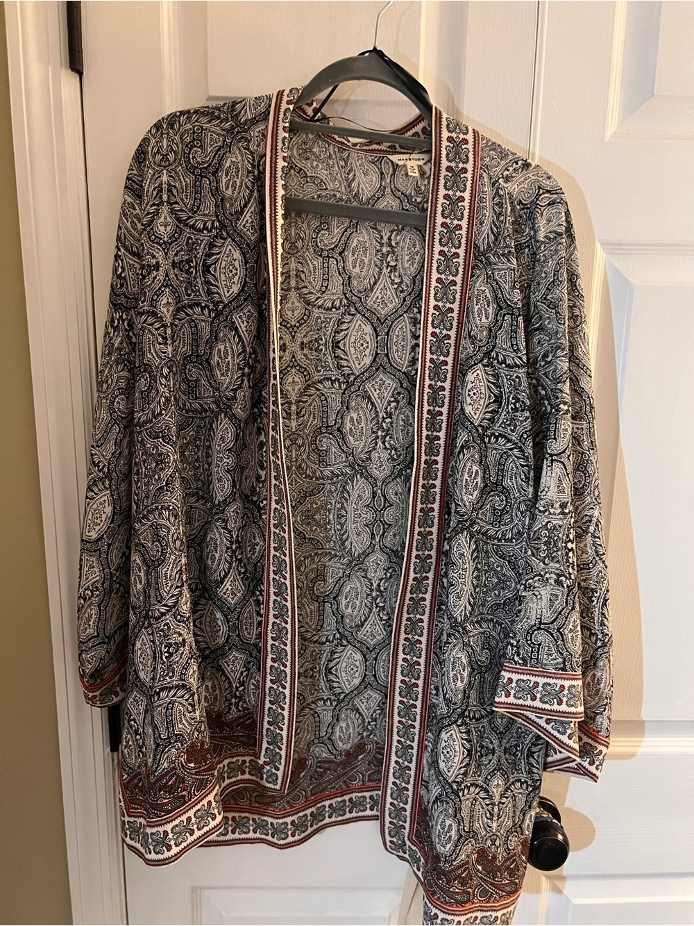 Max Studio Black & Cream Paisley Open Cardigan with Rust Trim